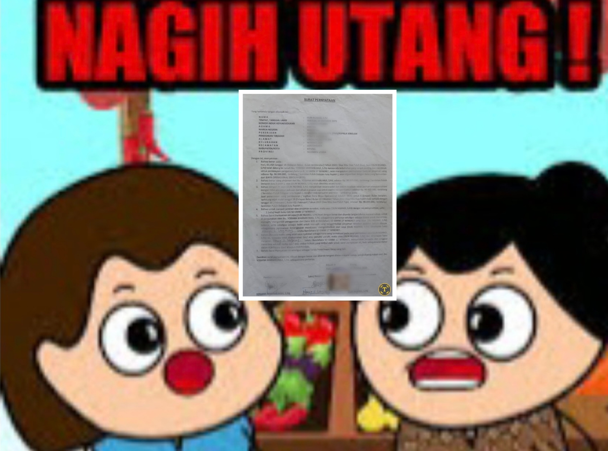 Heboh! Kepsek SD GMIM di Bitung Diduga Jadikan Dana BOS Jaminan Utang Rp98 Juta, Surat Pernyataan Viral