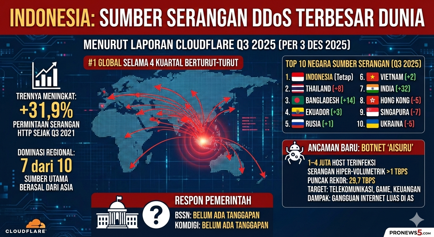 Indonesia Jadi Sarang Serangan DDoS Dunia, Empat Kuartal Berturut-Turut Jawarai Laporan Cloudflare